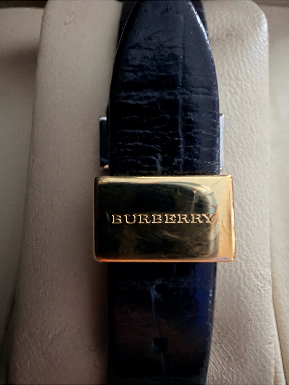 Woman’s Burberry Gold-Tone Rectangular Watch with Black Leather Strap with tag. - Picture 6 of 11